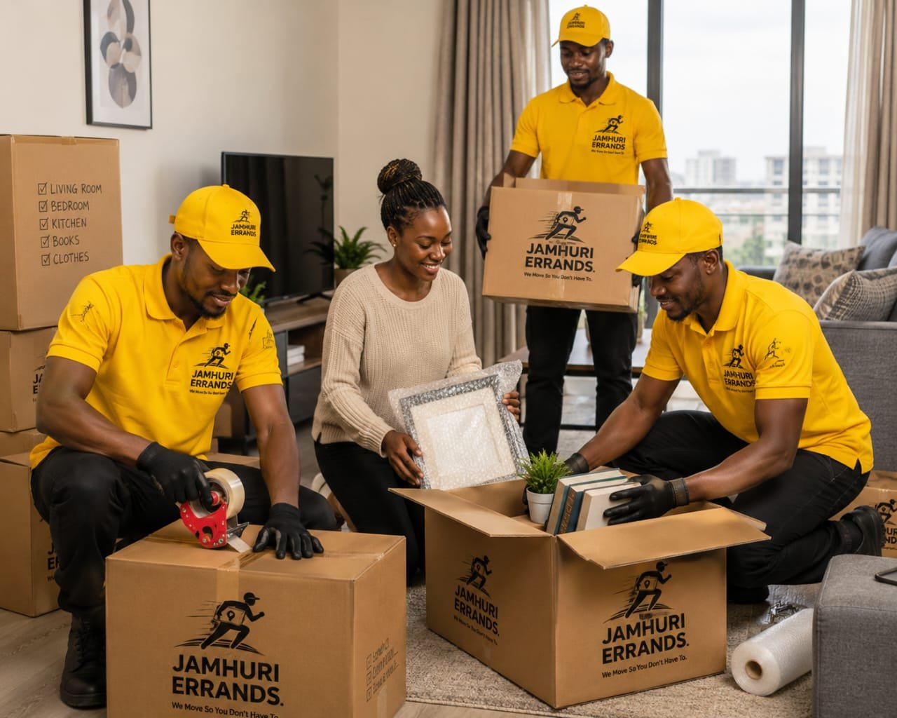 Jamhuri team carefully packing boxes in a client's home