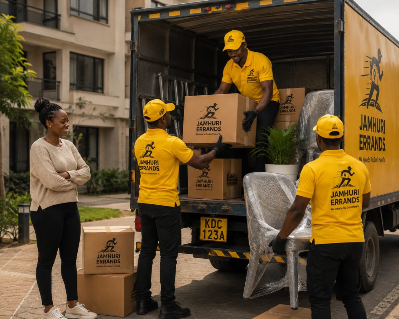 Jamhuri team loading boxes and furniture onto a moving truck